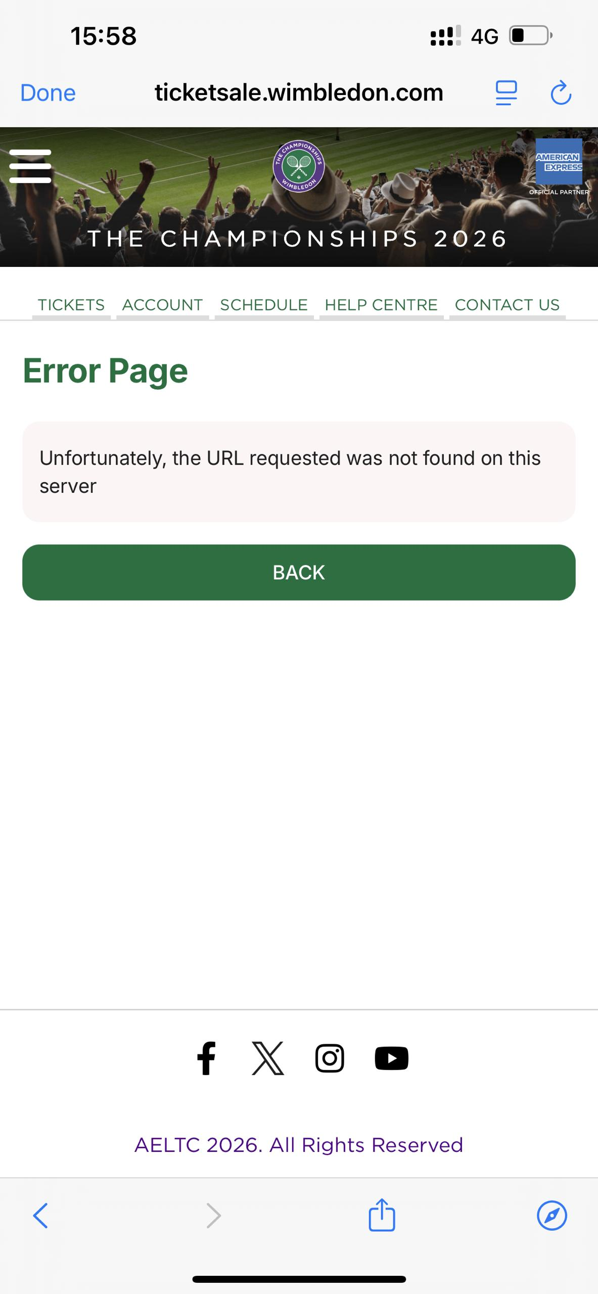 Wimbledon resale error page on mobile