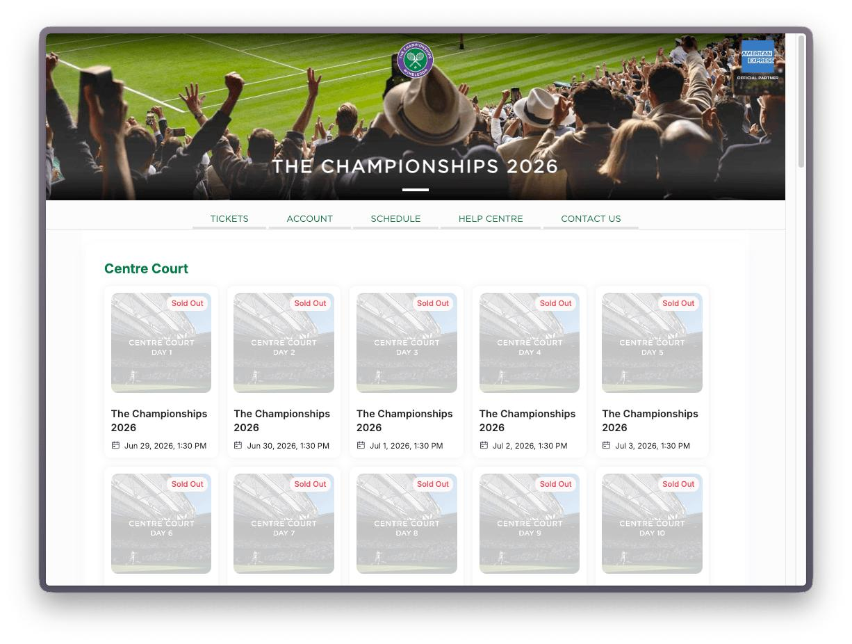Wimbledon resale page with all Centre Court days sold out